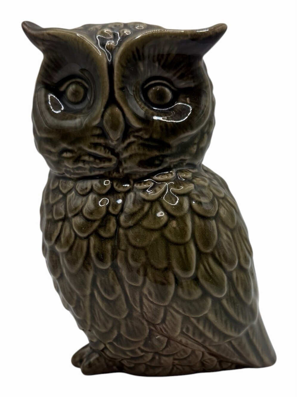 Vintage 1970s Green Brown Ceramic Owl Statue 6”
